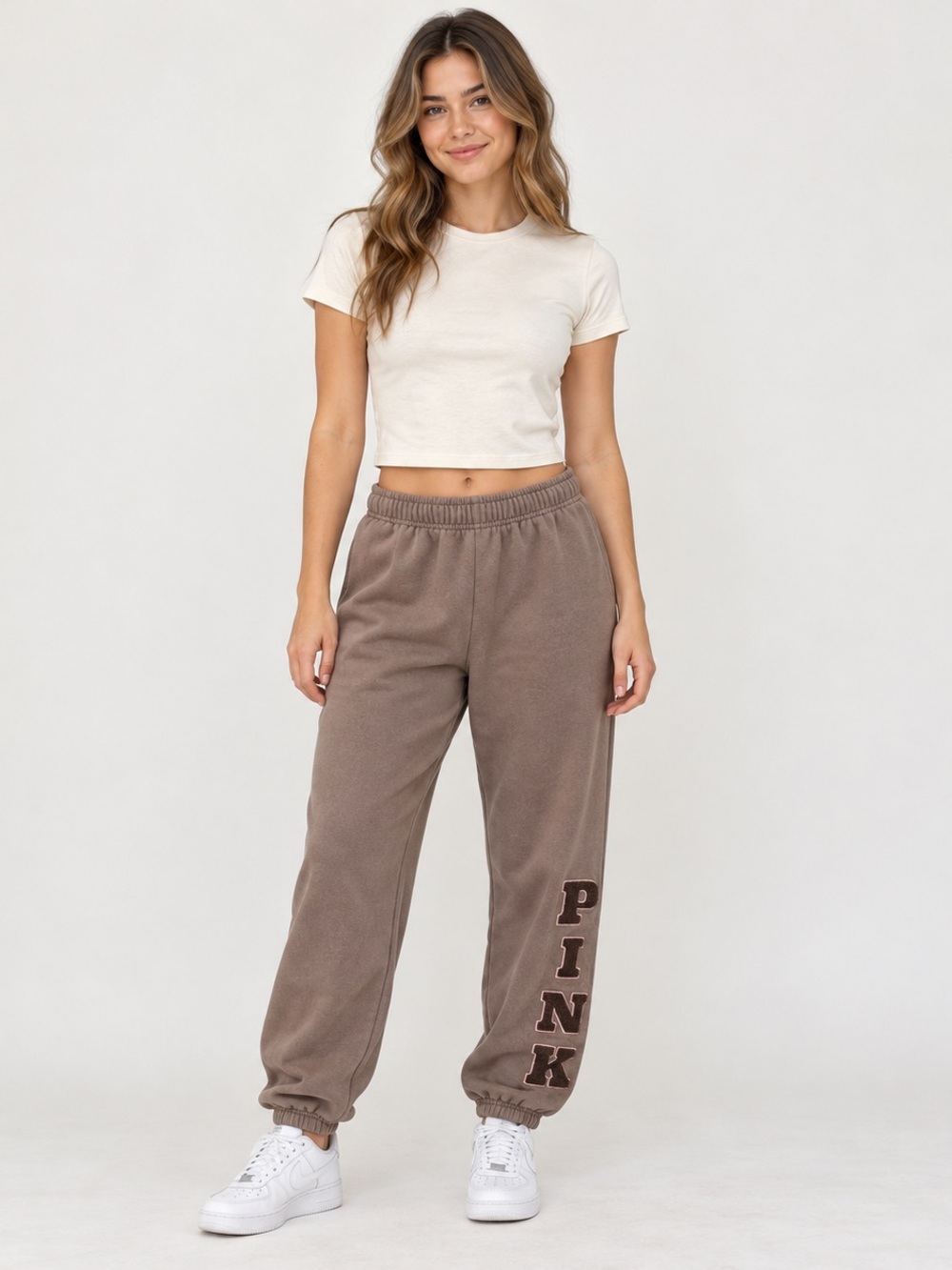 VS PINK Brown Chenille Logo Fleece Joggers M Y2K Preppy